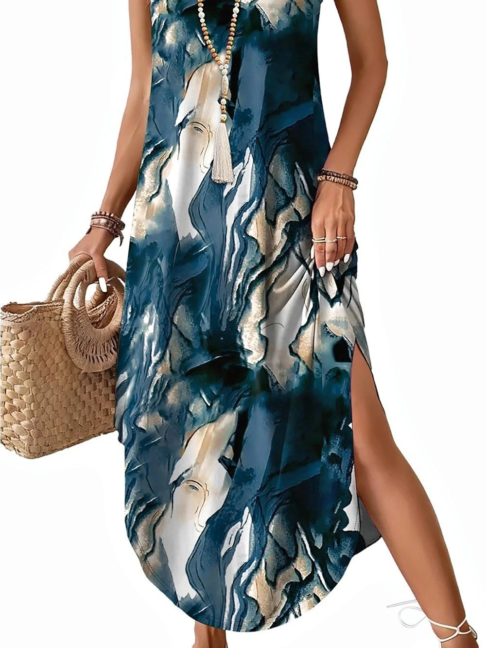WIHOLL Spaghetti Strap Maxi Dress Blue & White Like New - Picture 2 of 3